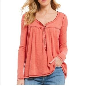Free People Coral Waffle Knit Long Sleeve Henley Top